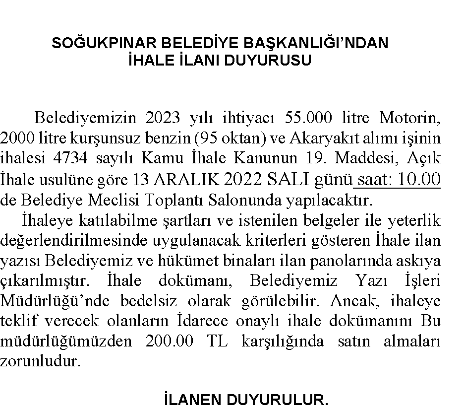 2023 Yılı Akaryakıt Alım  İhalesi ilanı ekapta ilana çıkmıştır